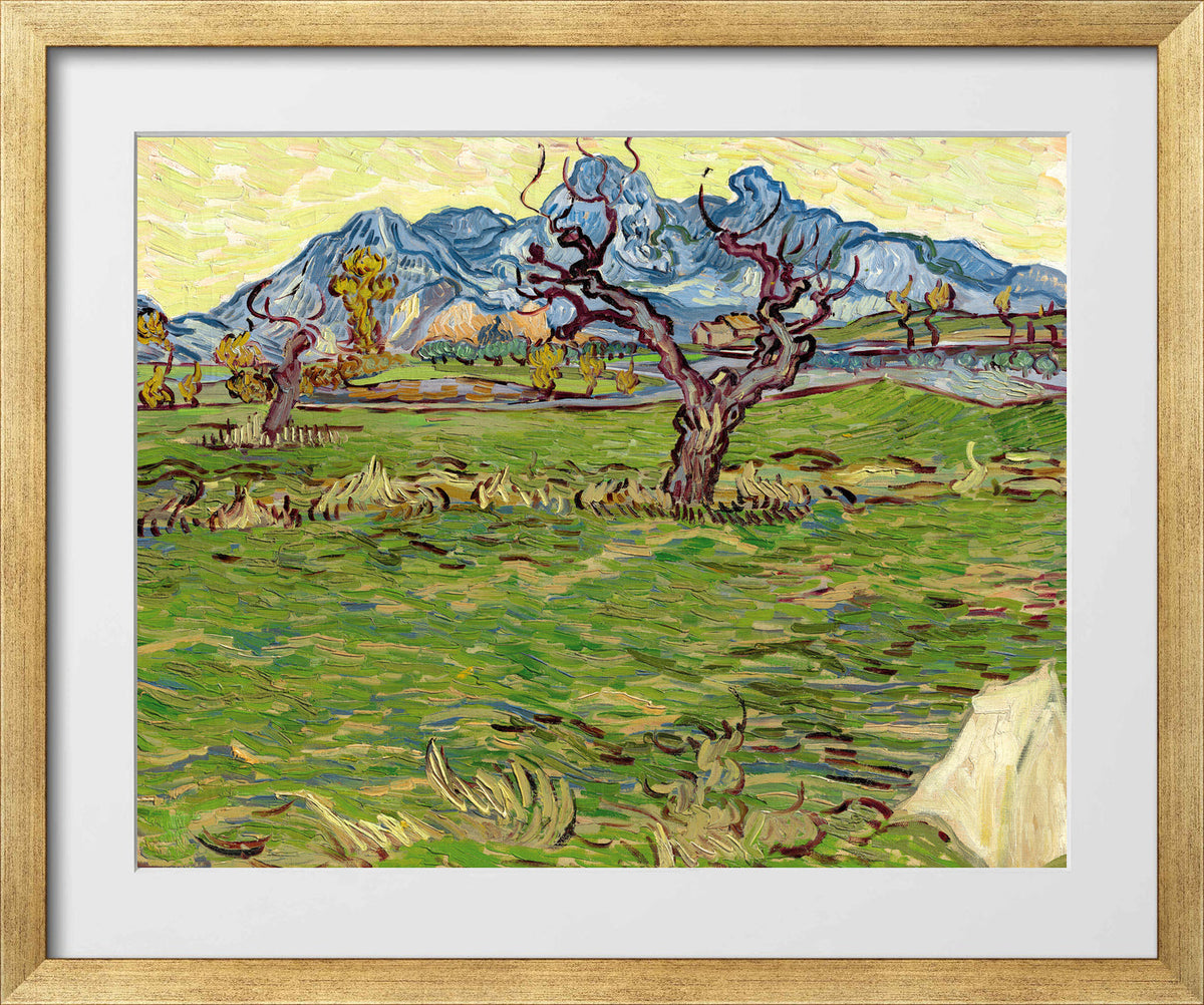 Vincent van Gogh Print, 019 Landscape with Olive Tree and Mountains in the Background_10x8 in a gold frame