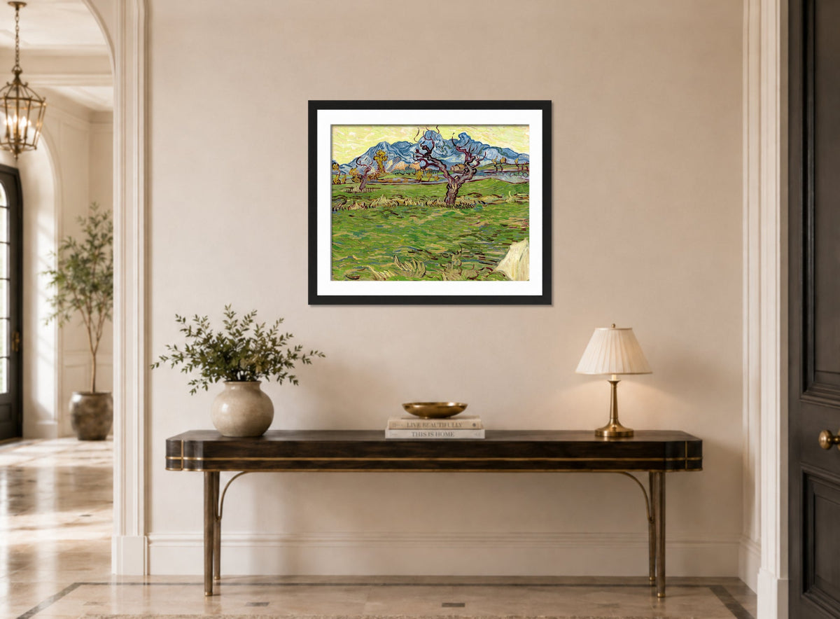 Vincent van Gogh Print, 019 Landscape with Olive Tree and Mountains in the Background_10x8 displayed above a console table