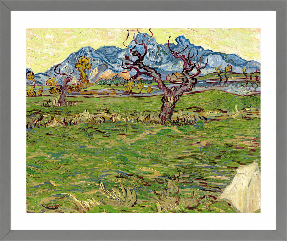 Vincent van Gogh Print, 019 Landscape with Olive Tree and Mountains in the Background_10x8 in a light grey frame