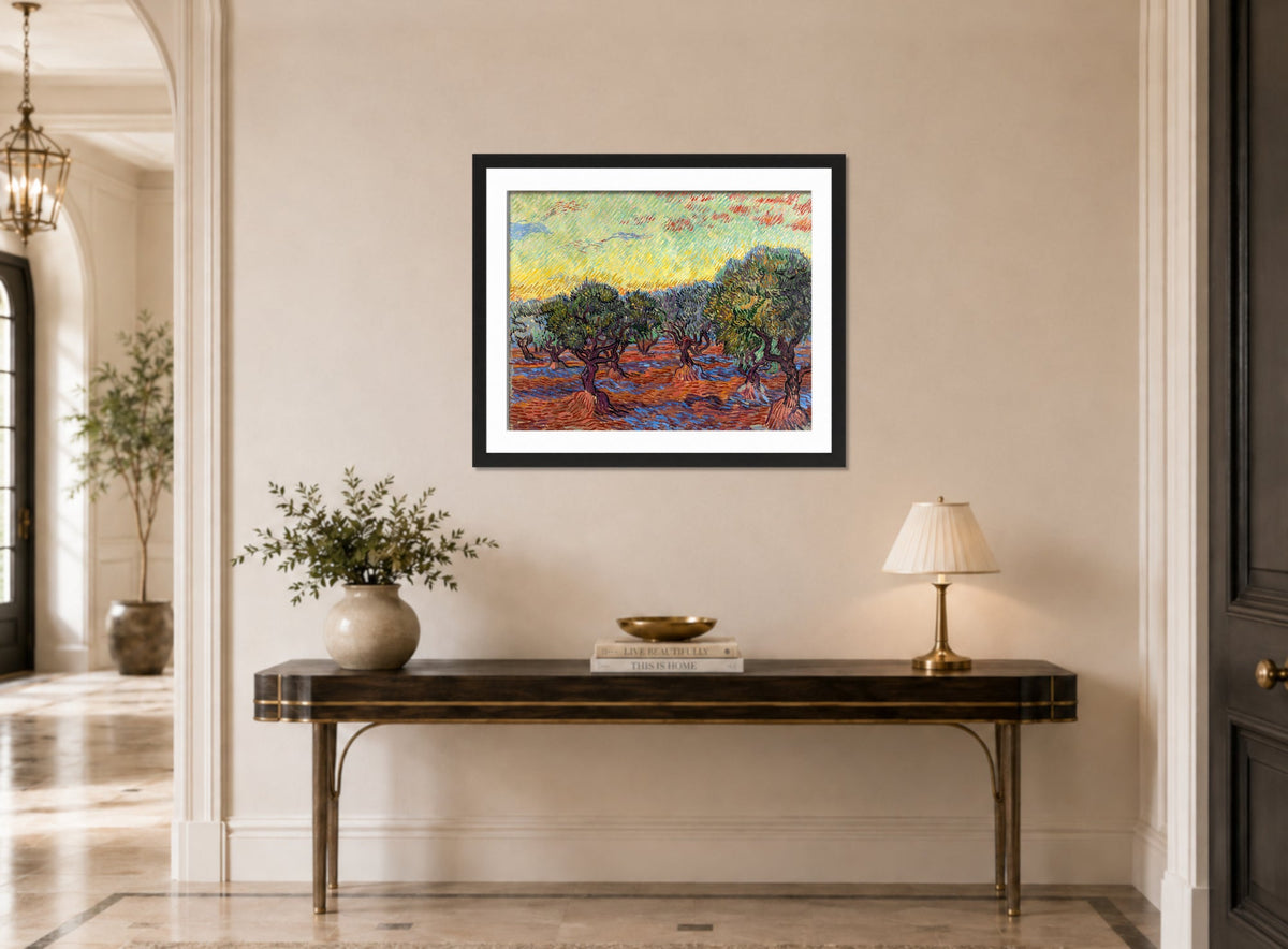 Vincent van Gogh Print, 021 Olive Grove, Orange Sky_10x8 displayed above a console table