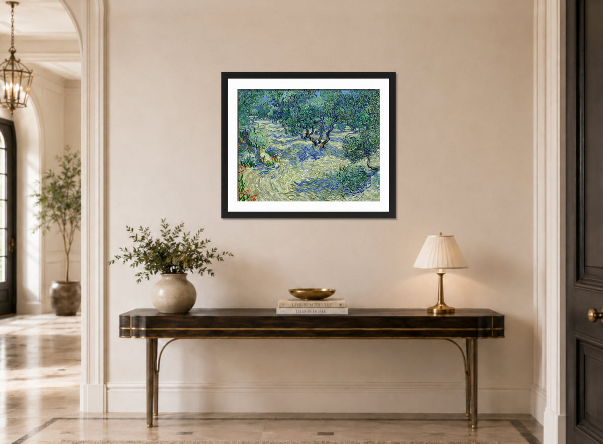 Vincent van Gogh Print, 022 Olive Orchard (June)_10x8 displayed above a console table