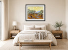 Vincent van Gogh Print, 027 Olive Trees with Yellow Sky and Sun_10x8 displayed above a bed