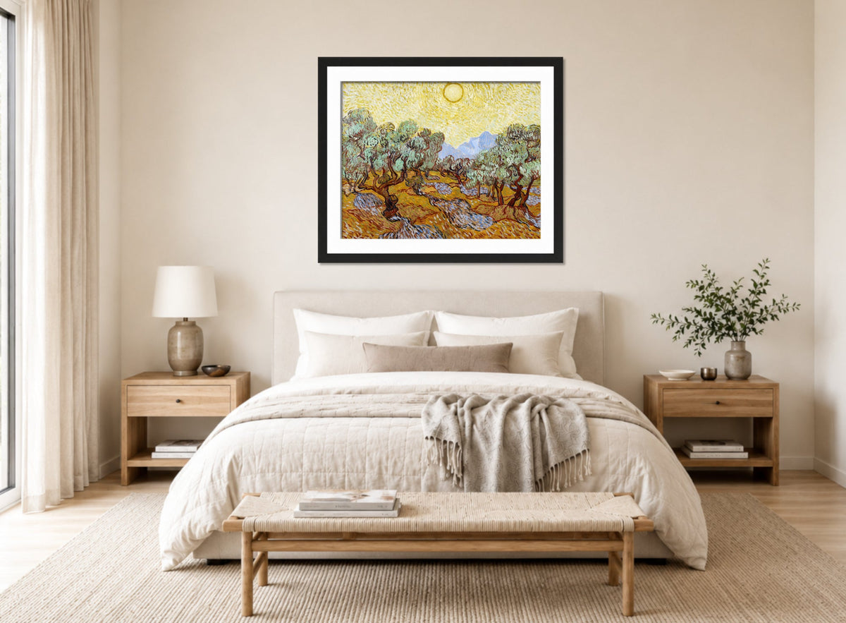 Vincent van Gogh Print, 027 Olive Trees with Yellow Sky and Sun_10x8 displayed above a bed