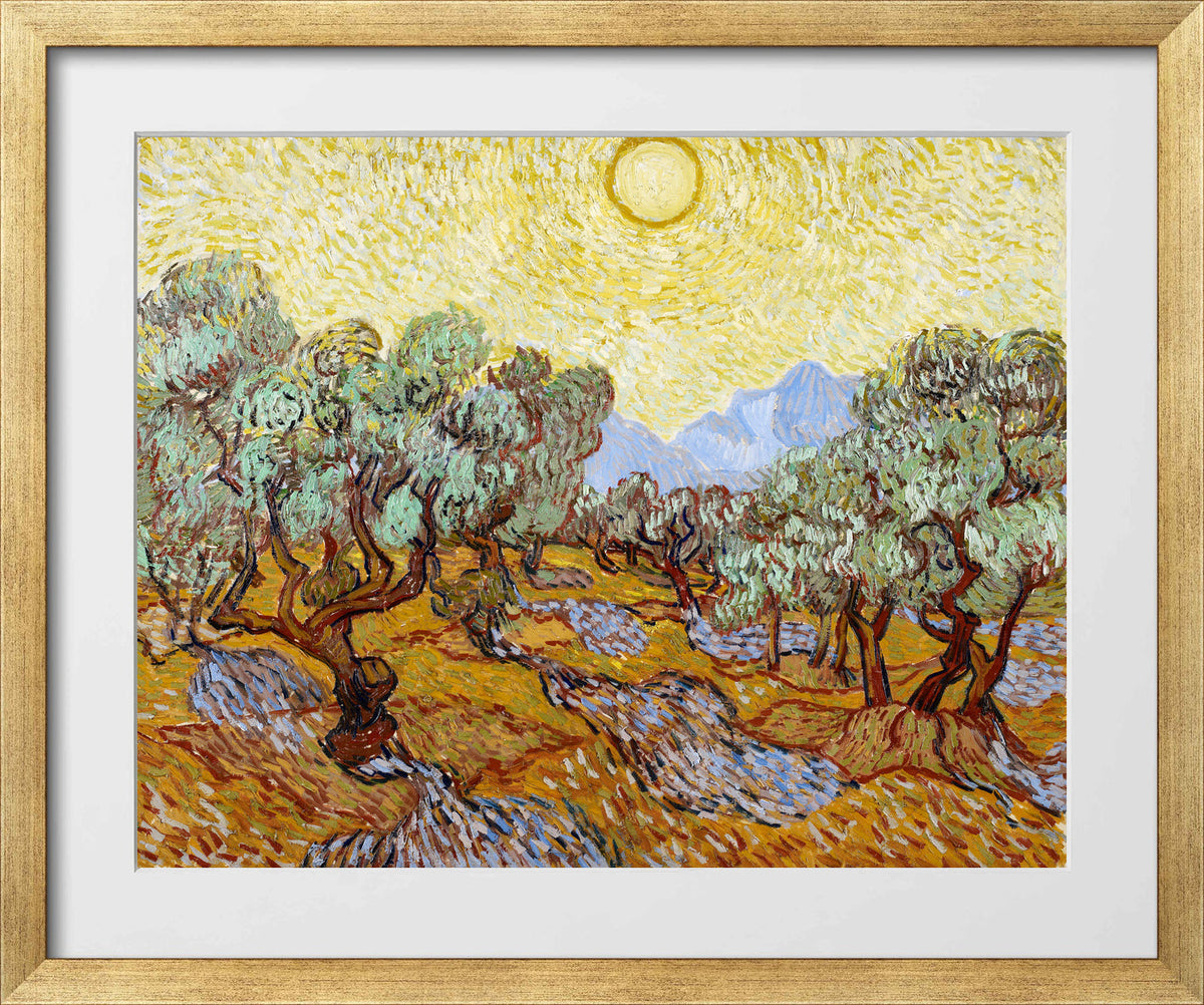 Vincent van Gogh Print, 027 Olive Trees with Yellow Sky and Sun_10x8 in a gold frame