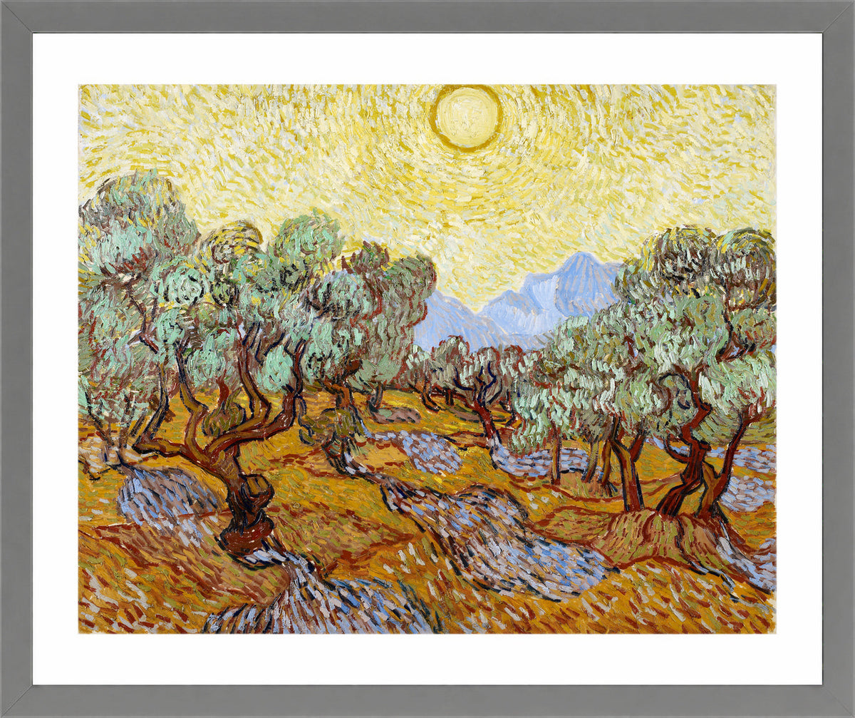 Vincent van Gogh Print, 027 Olive Trees with Yellow Sky and Sun_10x8 in a light grey frame
