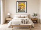 Vincent van Gogh Print, 033 Self-Portrait with Straw Hat_10x8 displayed above a bed