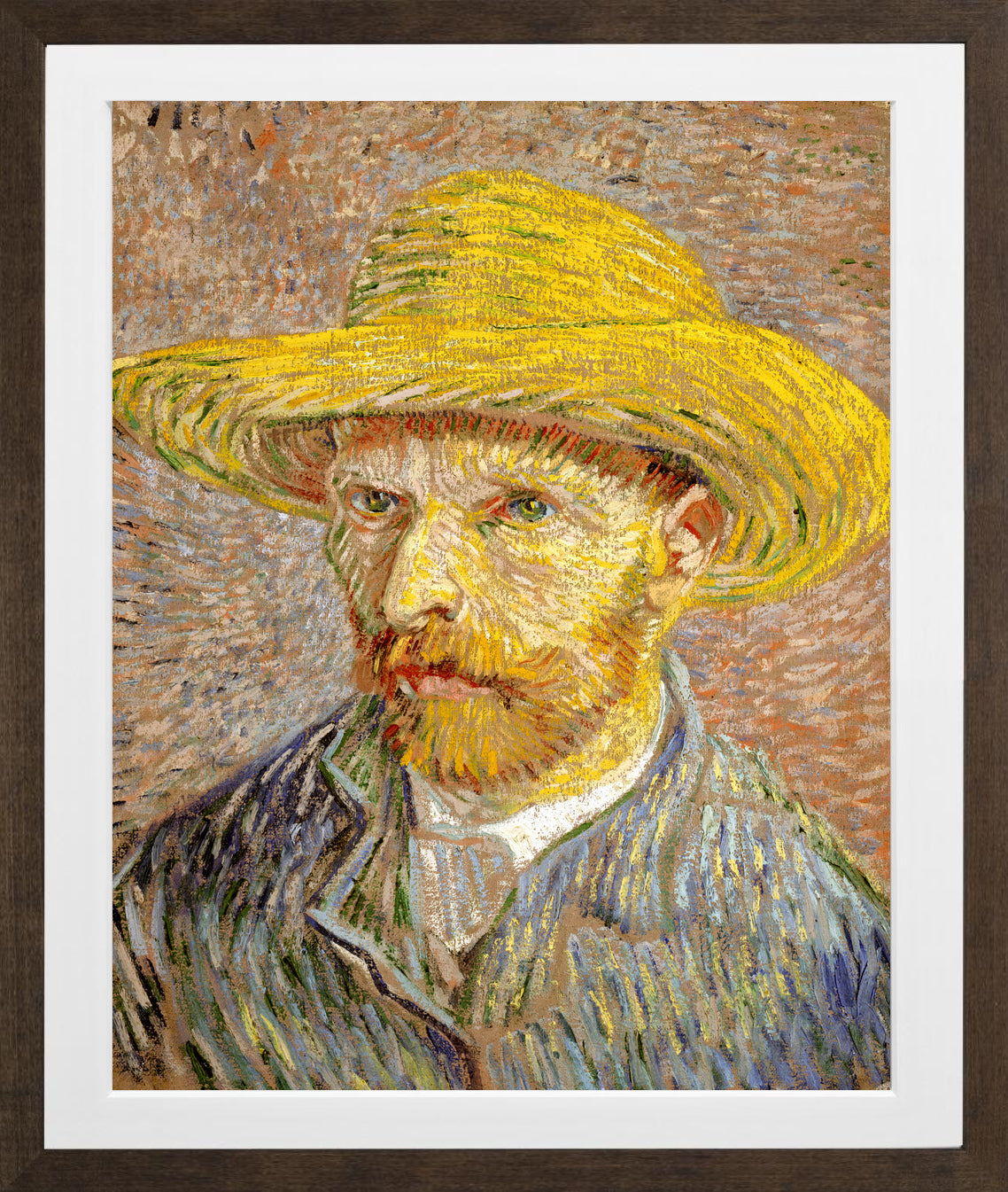 Vincent van Gogh Print, 033 Self-Portrait with Straw Hat_10x8 in a brown frame