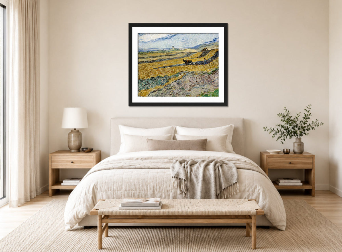 Vincent van Gogh Print, 036 Enclosed Field with Ploughman_10x8 displayed above a bed