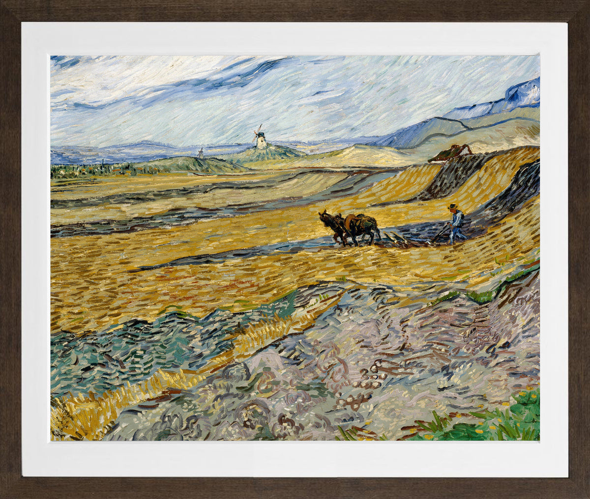 Vincent van Gogh Print, 036 Enclosed Field with Ploughman_10x8 in a brown frame