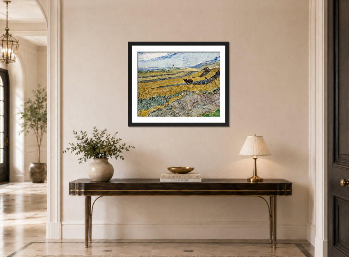 Vincent van Gogh Print, 036 Enclosed Field with Ploughman_10x8 displayed above a console table