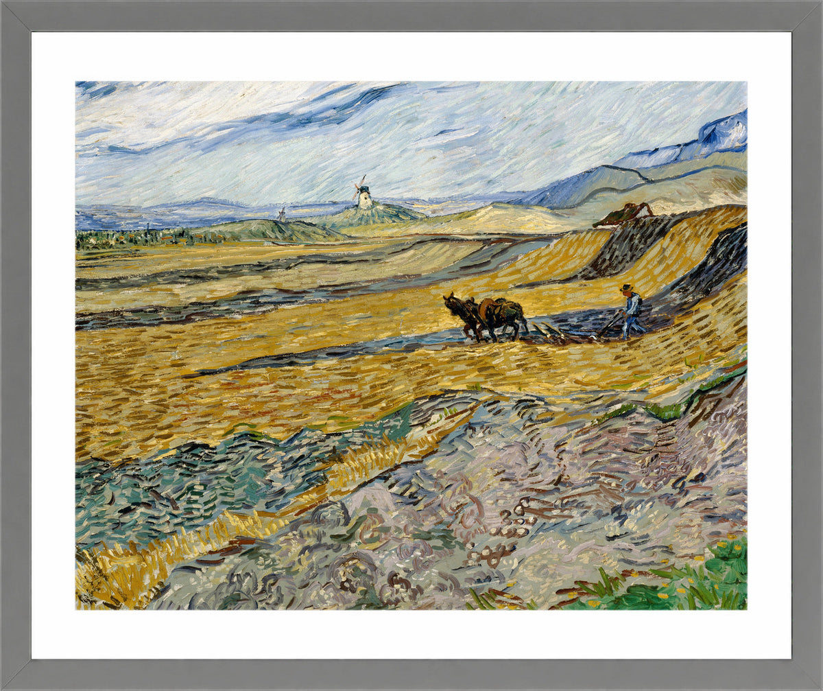 Vincent van Gogh Print, 036 Enclosed Field with Ploughman_10x8 in a light grey frame