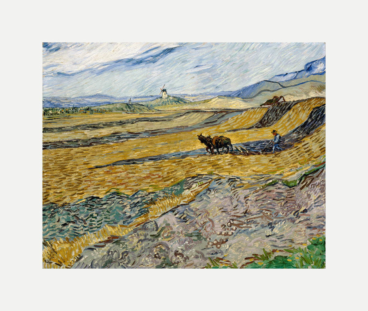 Vincent van Gogh Print, 036 Enclosed Field with Ploughman_10x8 with an off-white border for rolled canvas