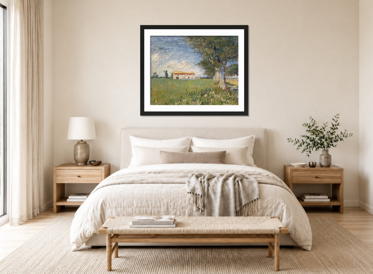 Vincent van Gogh Print, 037 Farmhouse in a wheat field (1888)_10x8 displayed above a bed