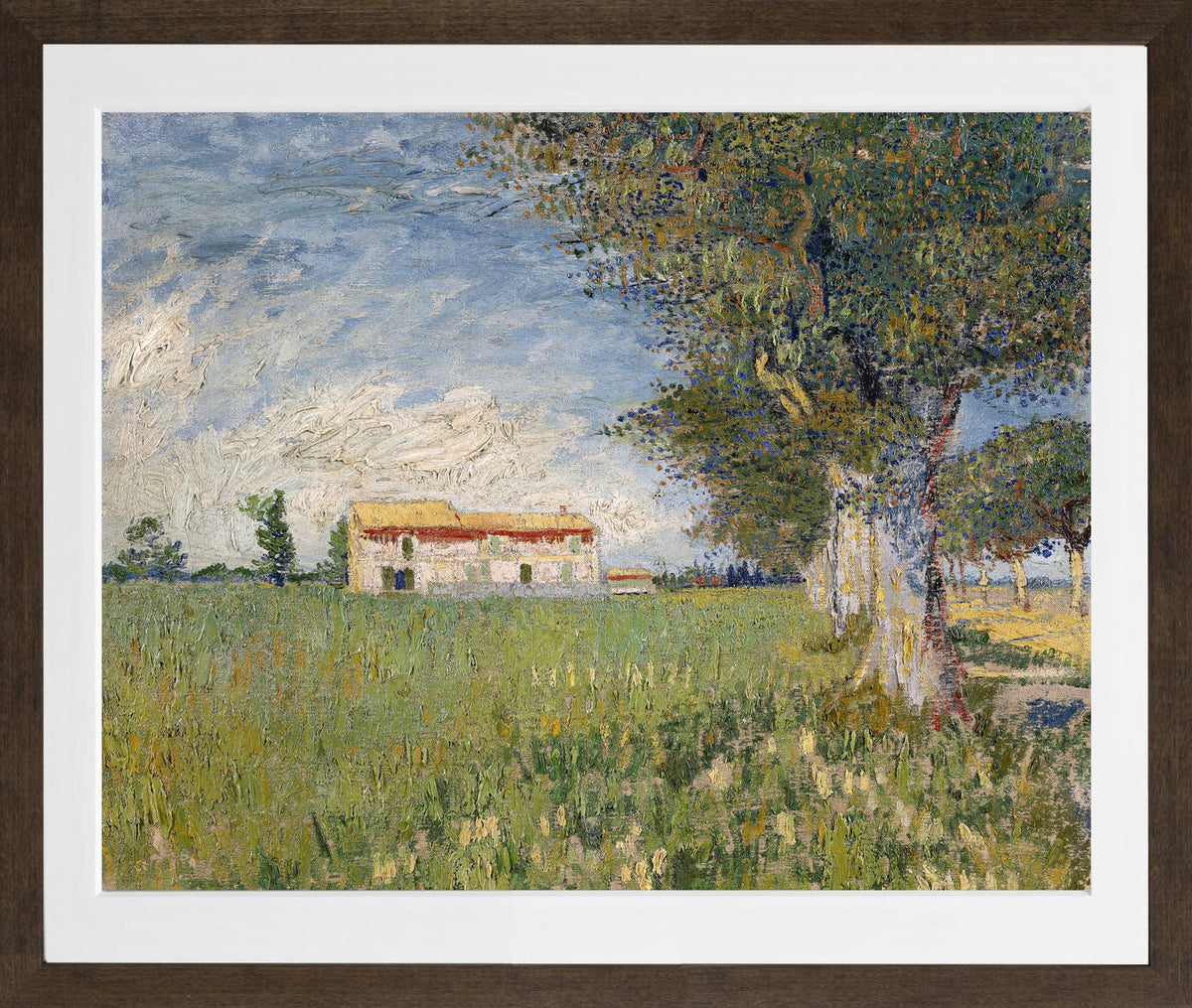 Vincent van Gogh Print, 037 Farmhouse in a wheat field (1888)_10x8 in a brown frame