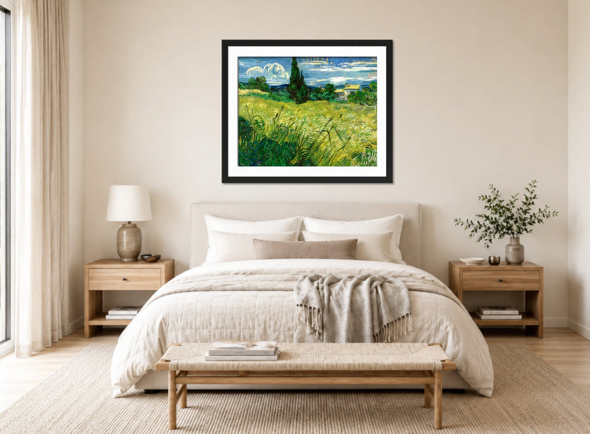 Vincent van Gogh Print, 039 Green Field_10x8 displayed above a bed