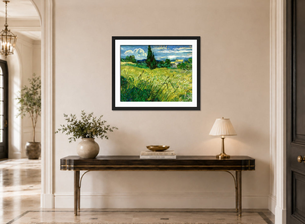 Vincent van Gogh Print, 039 Green Field_10x8 displayed above a console table