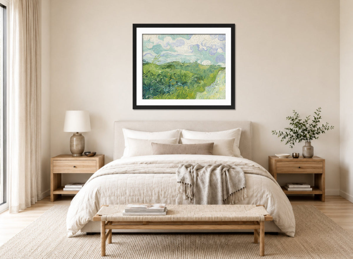Vincent van Gogh Print, 040 Green Wheat Fields, Auvers_10x8 displayed above a bed