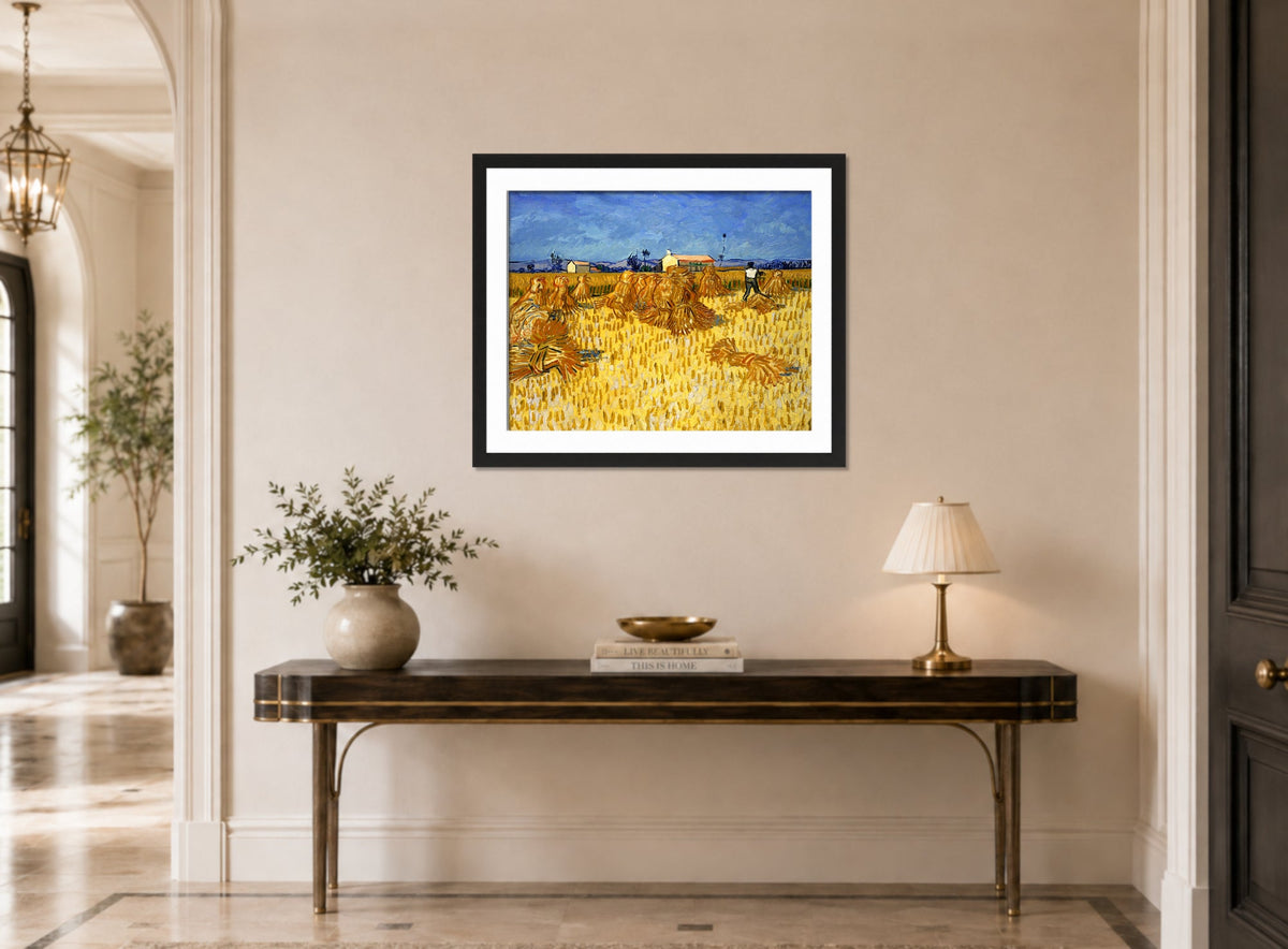 Vincent van Gogh Print, 041 Harvest in Provence_10x8 displayed above a console table