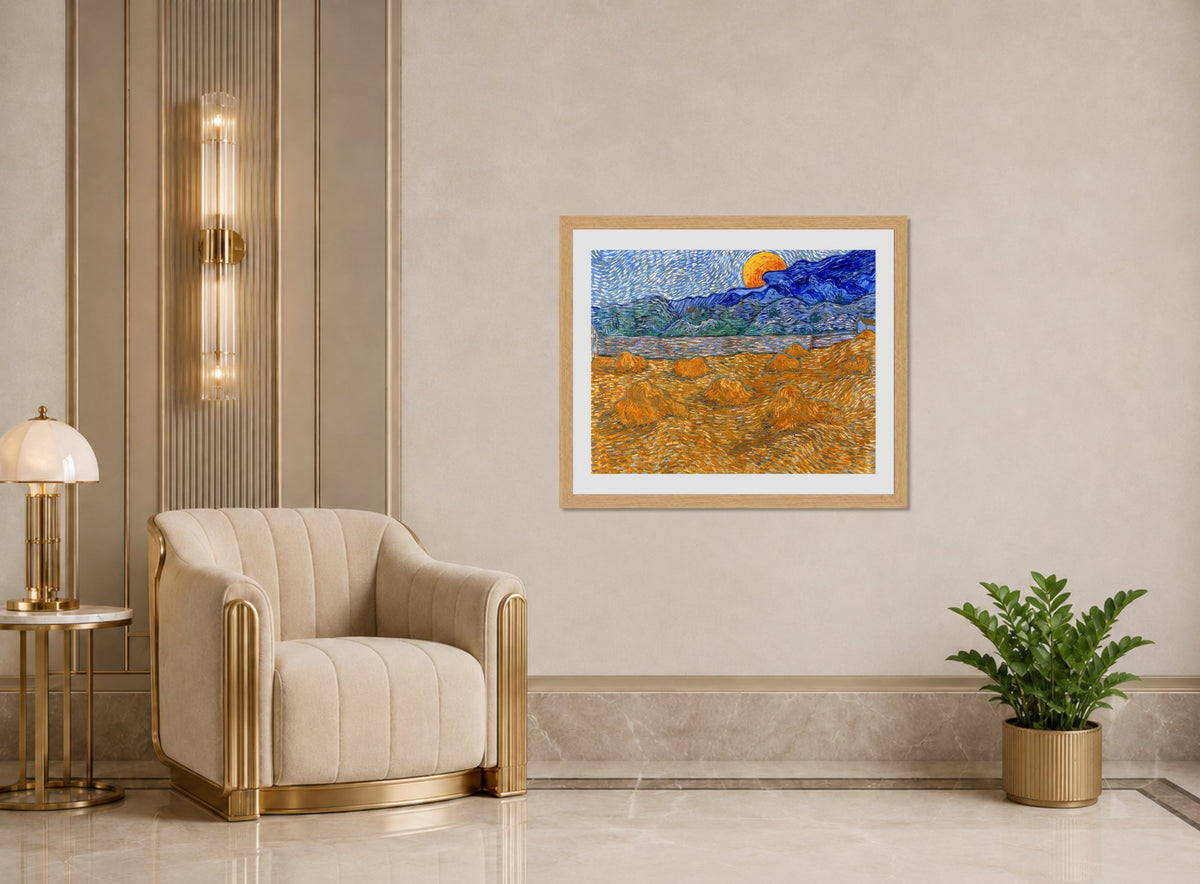 Vincent van Gogh Print, 045 Landscape with Wheat Sheaves and Rising Moon (1889)_10x8 displayed in an Art Deco interior