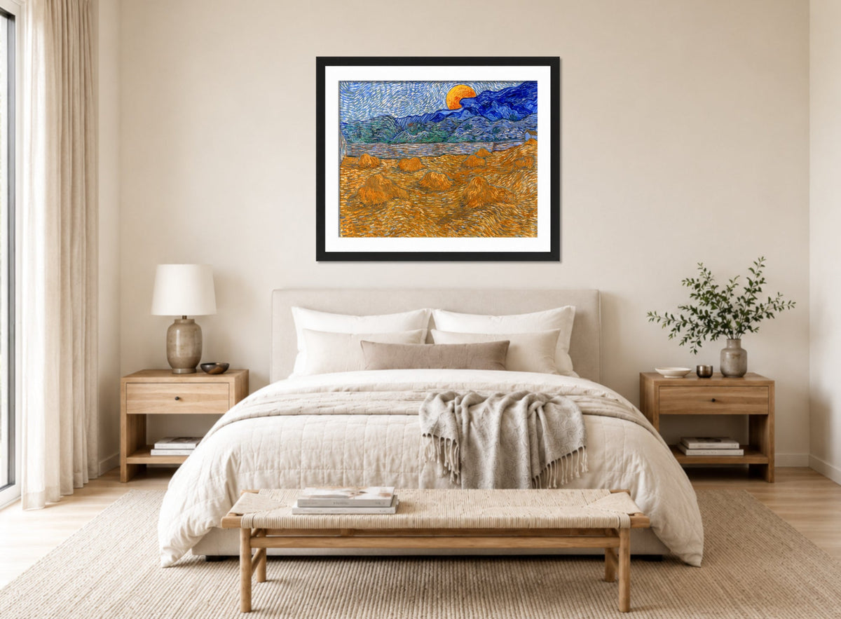 Vincent van Gogh Print, 045 Landscape with Wheat Sheaves and Rising Moon (1889)_10x8 displayed above a bed