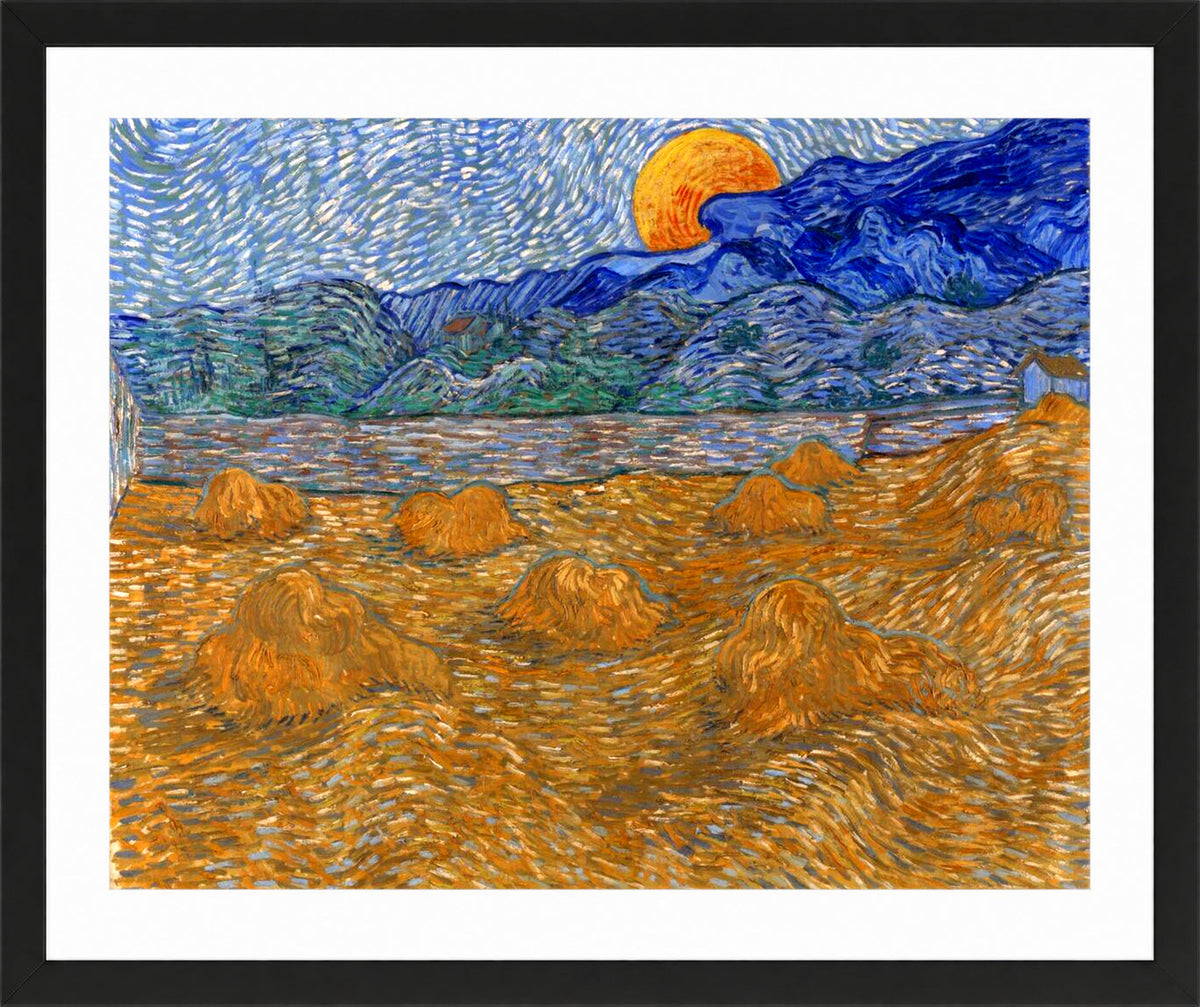 Vincent van Gogh Print, 045 Landscape with Wheat Sheaves and Rising Moon (1889)_10x8 in a black frame