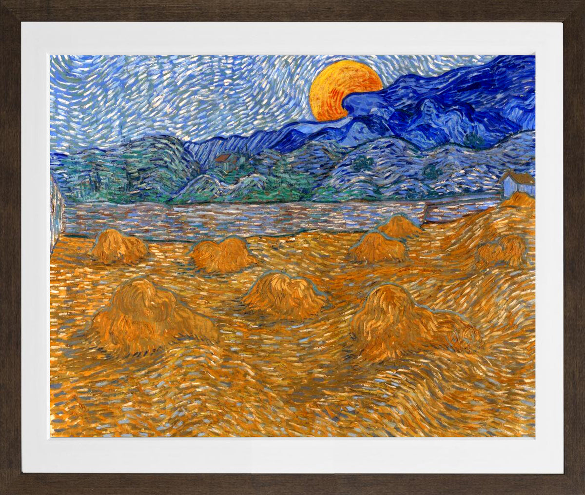 Vincent van Gogh Print, 045 Landscape with Wheat Sheaves and Rising Moon (1889)_10x8 in a brown frame