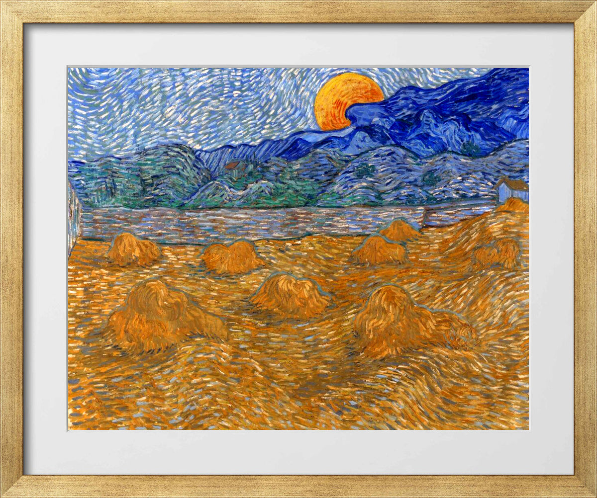 Vincent van Gogh Print, 045 Landscape with Wheat Sheaves and Rising Moon (1889)_10x8 in a gold frame