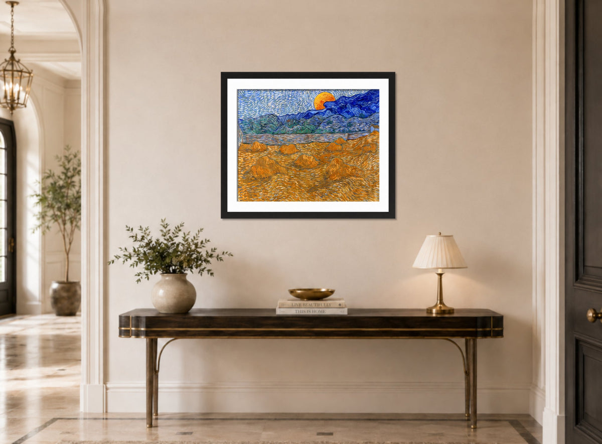 Vincent van Gogh Print, 045 Landscape with Wheat Sheaves and Rising Moon (1889)_10x8 displayed above a console table