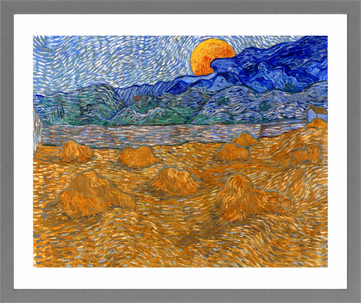 Vincent van Gogh Print, 045 Landscape with Wheat Sheaves and Rising Moon (1889)_10x8 in a light grey frame
