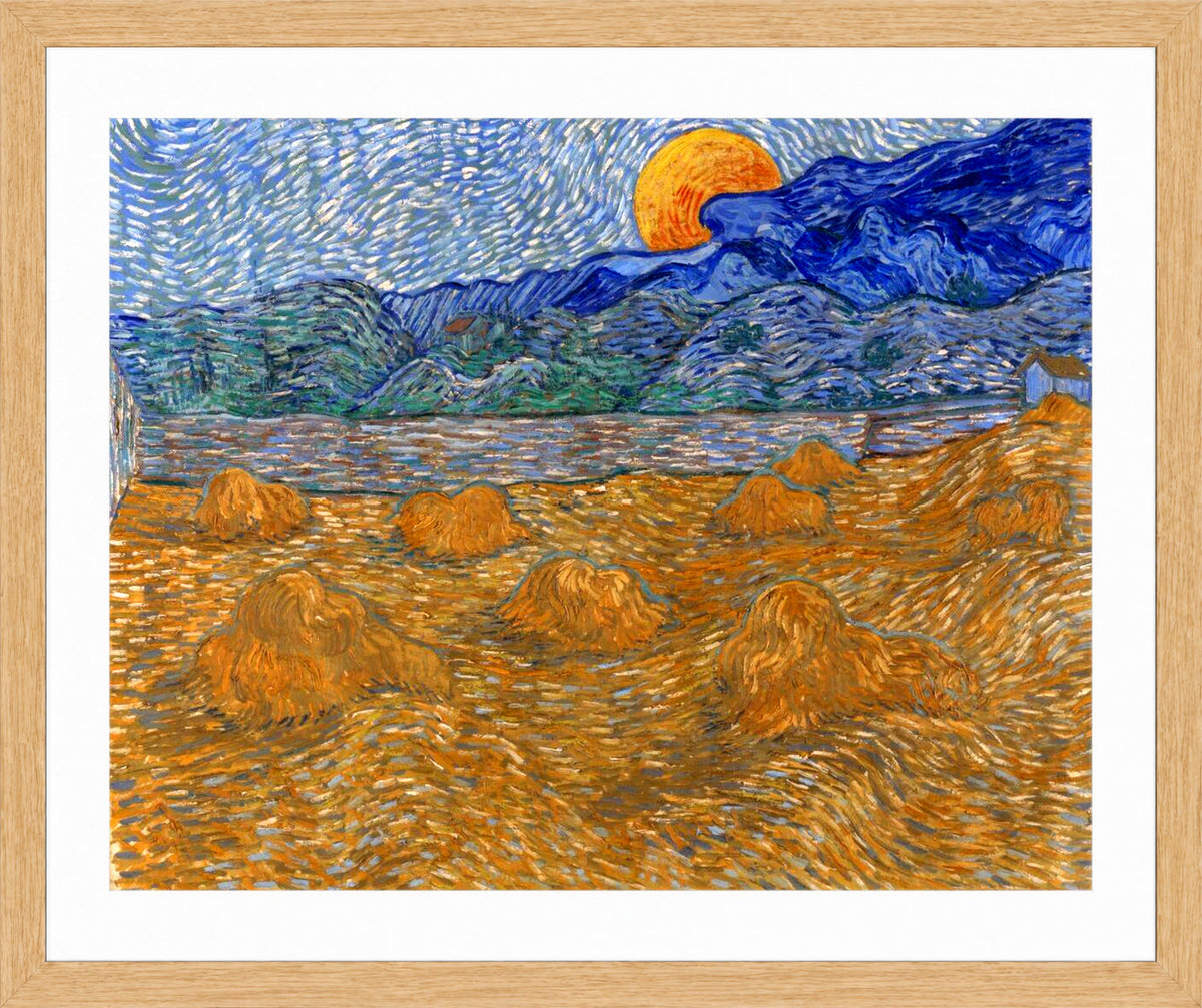 Vincent van Gogh Print, 045 Landscape with Wheat Sheaves and Rising Moon (1889)_10x8 in an oak frame