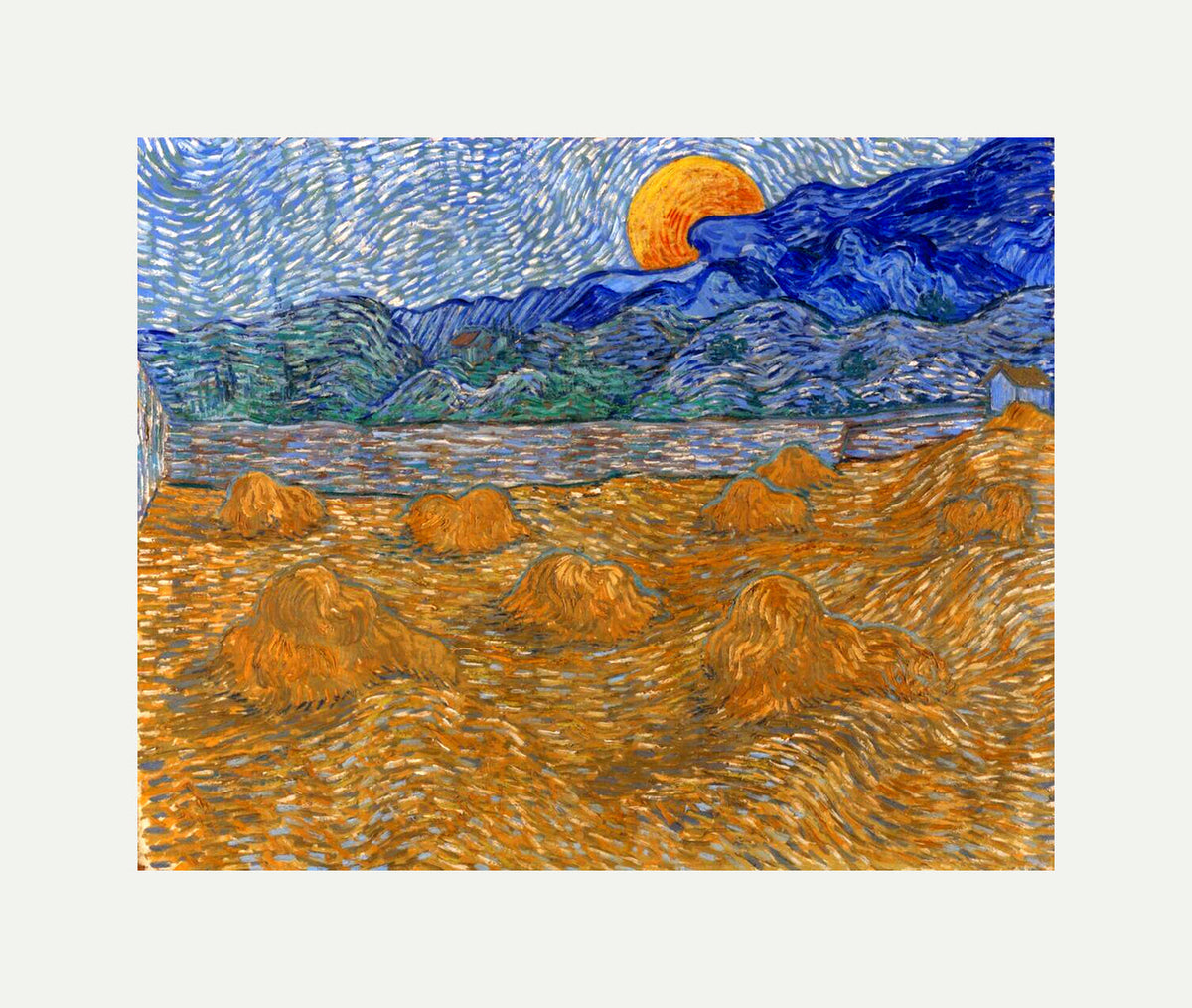 Vincent van Gogh Print, 045 Landscape with Wheat Sheaves and Rising Moon (1889)_10x8 with an off-white border for rolled canvas