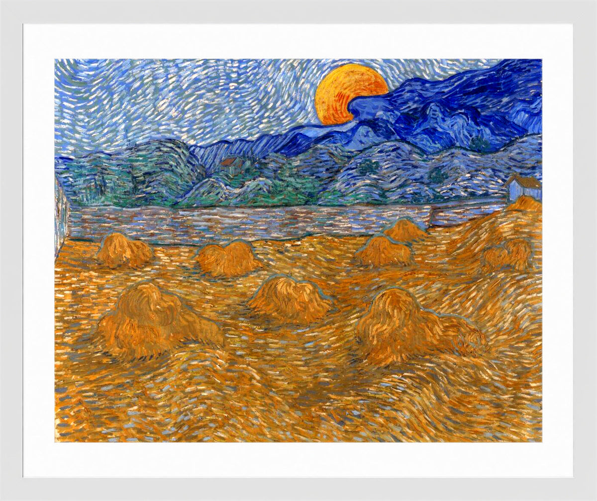 Vincent van Gogh Print, 045 Landscape with Wheat Sheaves and Rising Moon (1889)_10x8 in a white frame