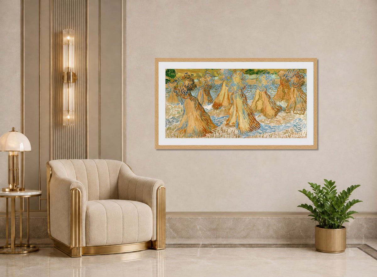 Vincent van Gogh Print, 049 Sheaves of Wheat (1890)_16x8 displayed in an Art Deco interior