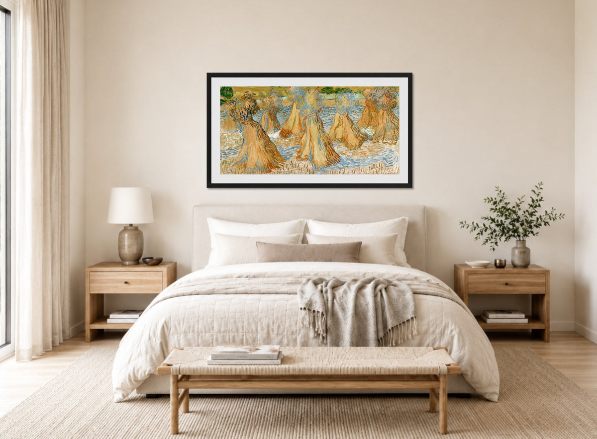 Vincent van Gogh Print, 049 Sheaves of Wheat (1890)_16x8 displayed above a bed