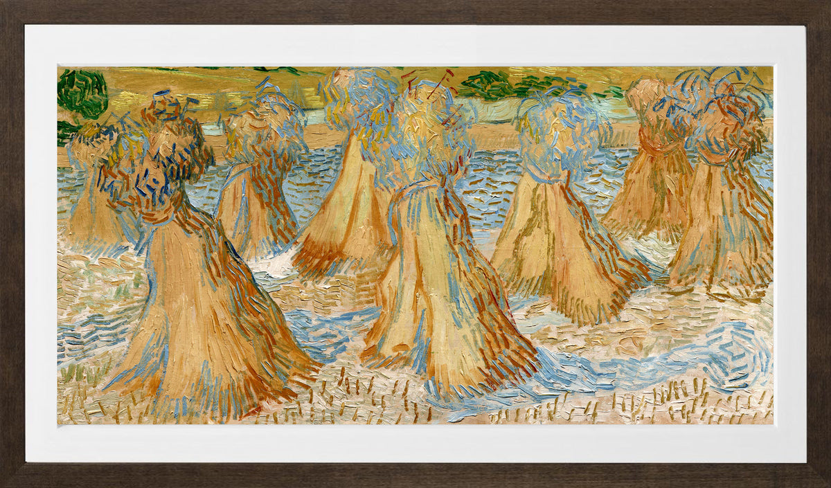 Vincent van Gogh Print, 049 Sheaves of Wheat (1890)_16x8 in a brown frame