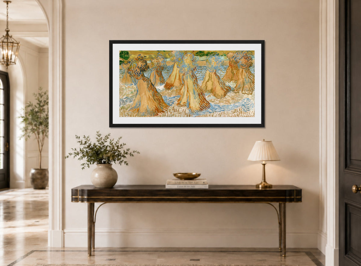Vincent van Gogh Print, 049 Sheaves of Wheat (1890)_16x8 displayed above a console table