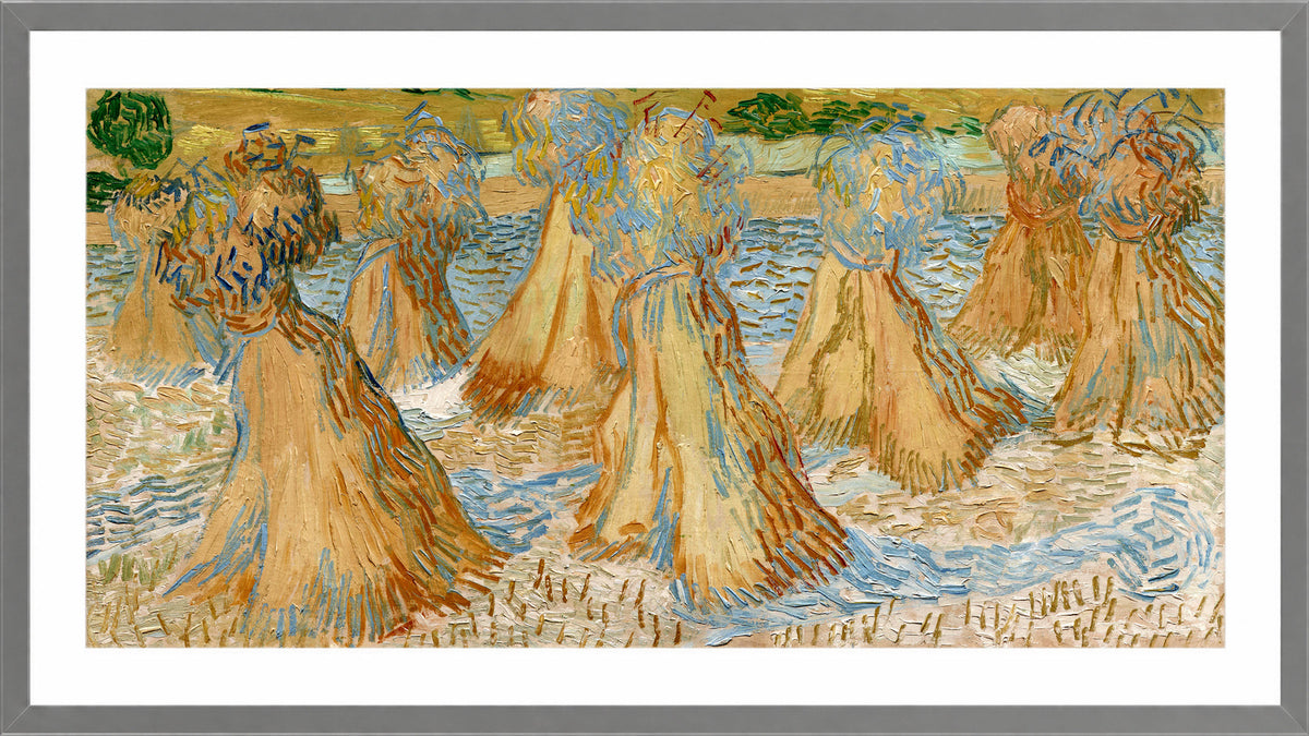 Vincent van Gogh Print, 049 Sheaves of Wheat (1890)_16x8 in a light grey frame