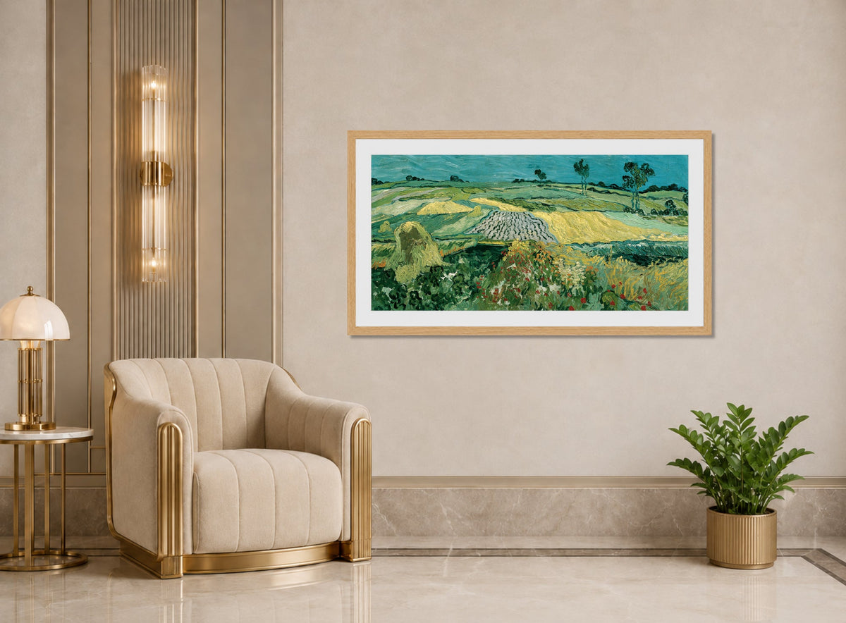 Vincent van Gogh Print, 052 The Plain of Auvers - Wheat Fields near Auvers_16x8 displayed in an Art Deco interior
