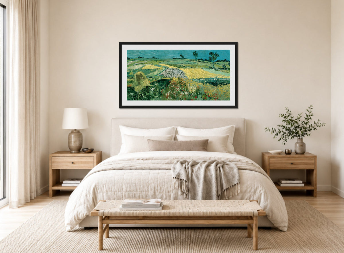 Vincent van Gogh Print, 052 The Plain of Auvers - Wheat Fields near Auvers_16x8 displayed above a bed