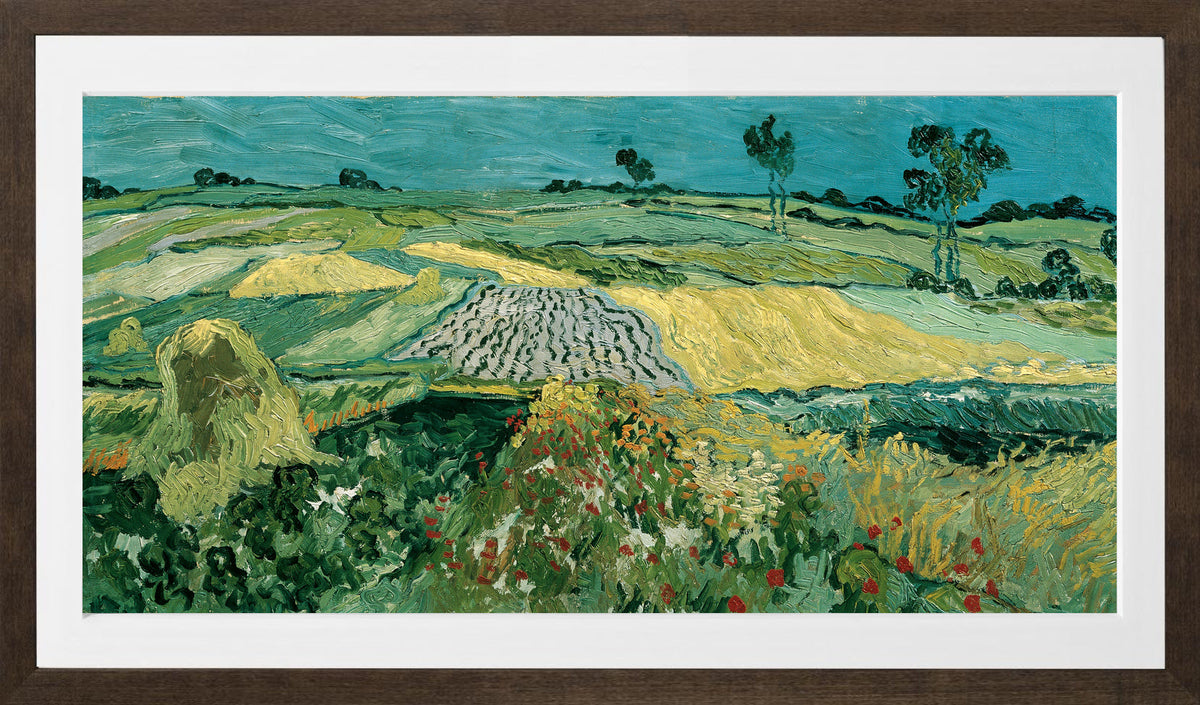 Vincent van Gogh Print, 052 The Plain of Auvers - Wheat Fields near Auvers_16x8 in a brown frame