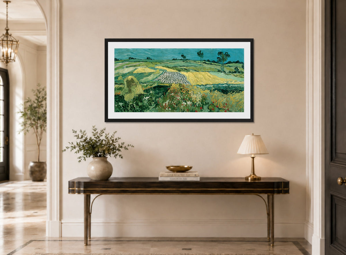 Vincent van Gogh Print, 052 The Plain of Auvers - Wheat Fields near Auvers_16x8 displayed above a console table