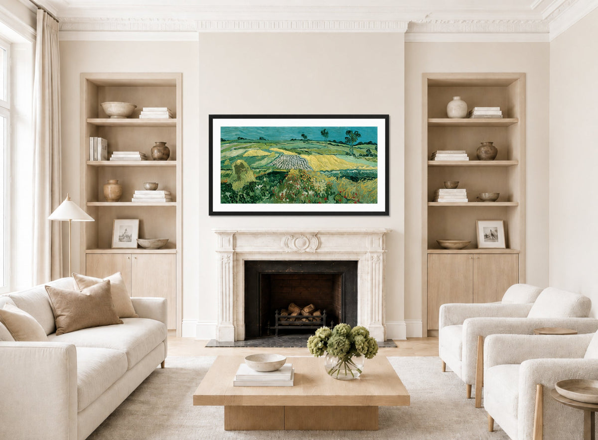 Vincent van Gogh Print, 052 The Plain of Auvers - Wheat Fields near Auvers_16x8 displayed in a Scandinavian living room