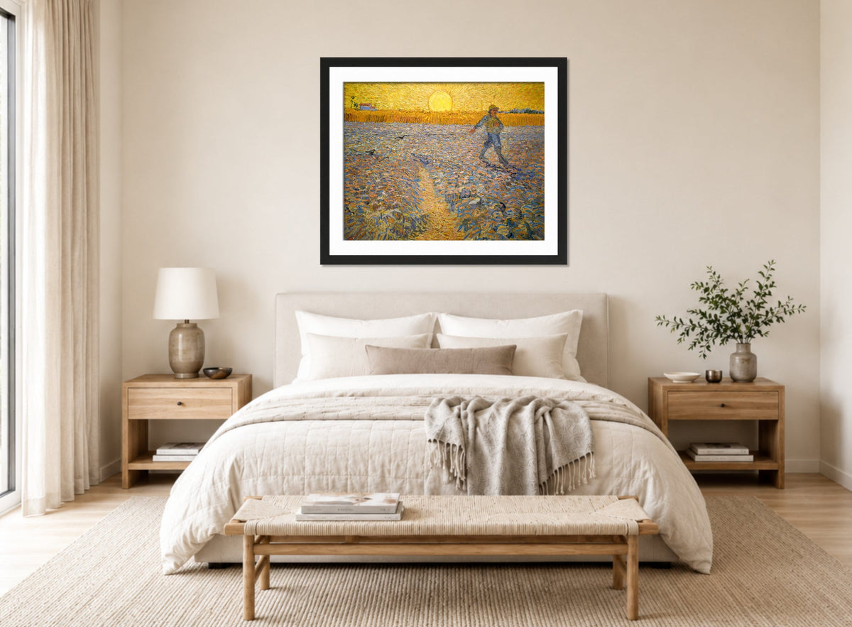 Vincent van Gogh Print, 053 The Sower (1888)_10x8 displayed above a bed
