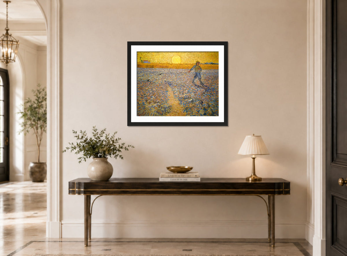Vincent van Gogh Print, 053 The Sower (1888)_10x8 displayed above a console table