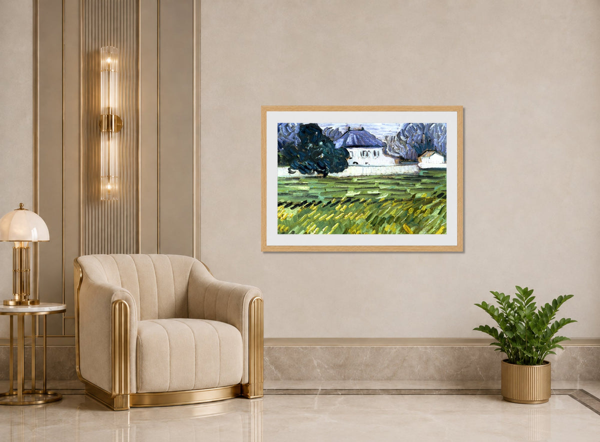 Vincent van Gogh Print, 054 Wheat Field at Auvers with White House_10x8_wm2 displayed in an Art Deco interior