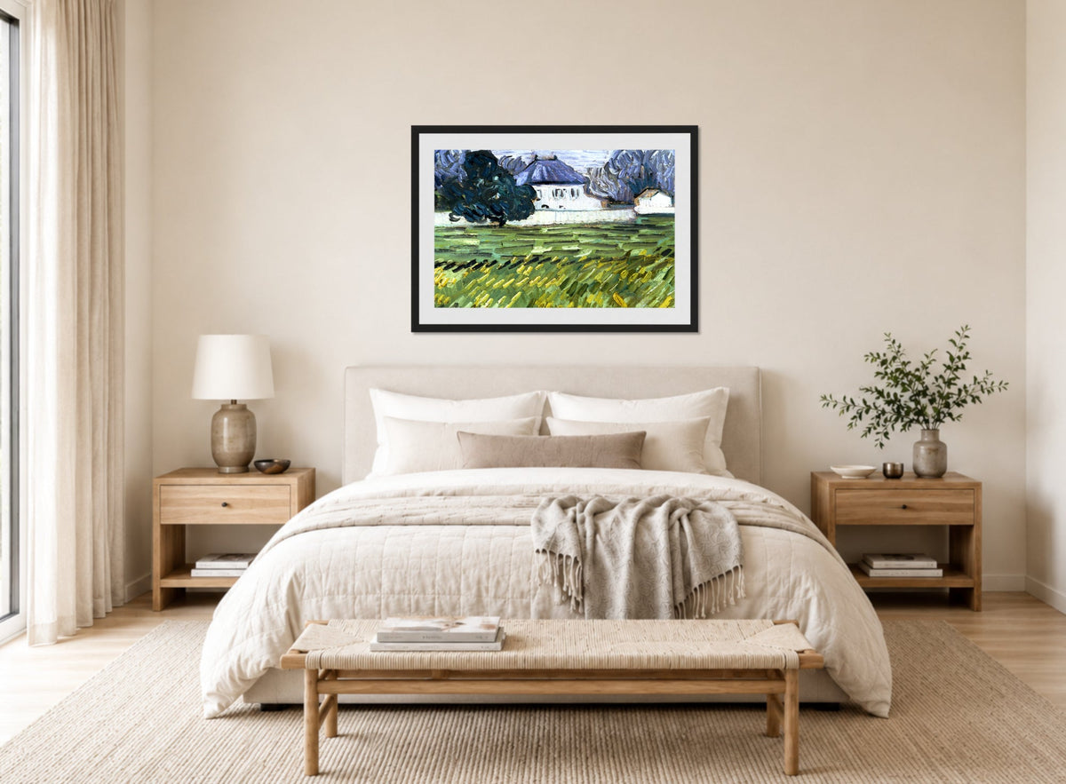 Vincent van Gogh Print, 054 Wheat Field at Auvers with White House_10x8_wm2 displayed above a bed