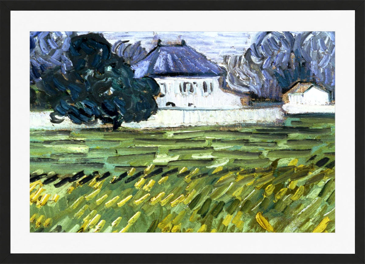 Vincent van Gogh Print, 054 Wheat Field at Auvers with White House_10x8_wm2 in a black frame