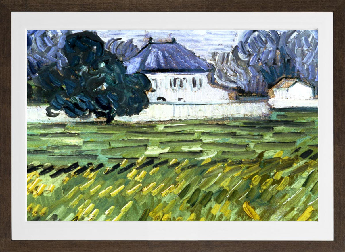 Vincent van Gogh Print, 054 Wheat Field at Auvers with White House_10x8_wm2 in a brown frame