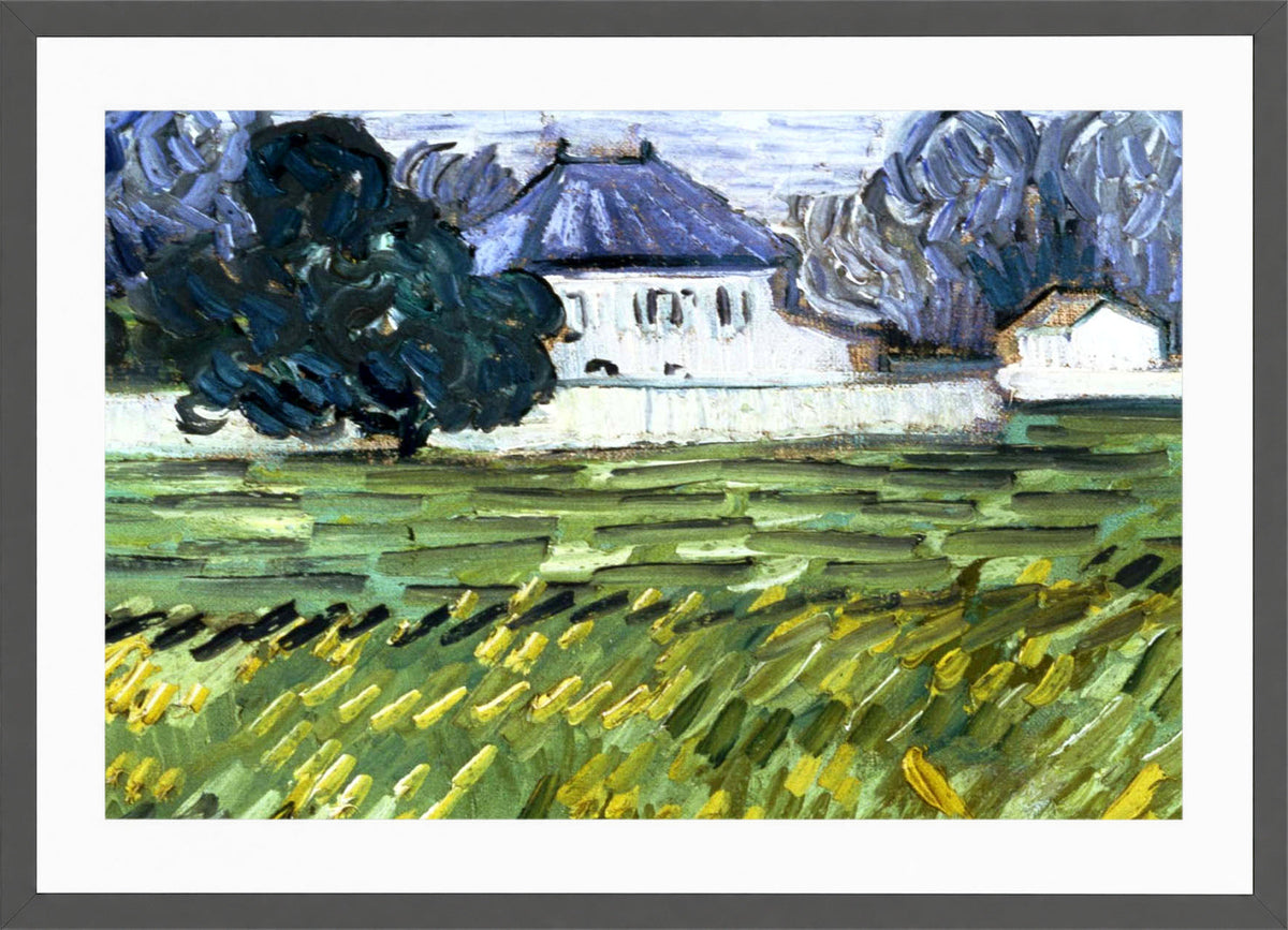 Vincent van Gogh Print, 054 Wheat Field at Auvers with White House_10x8_wm2 in a dark grey frame