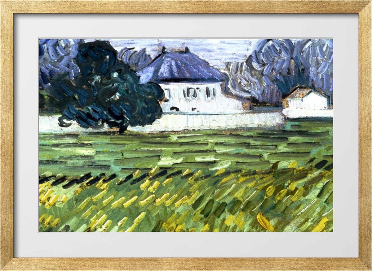 Vincent van Gogh Print, 054 Wheat Field at Auvers with White House_10x8_wm2 in a gold frame